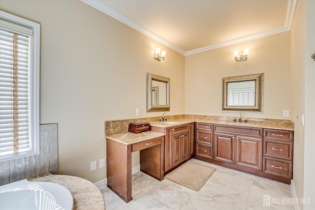 87 Ellmyer Rd, Edison, NJ 08820 - bathroom featuring crown molding, double vanity, and a bathtub