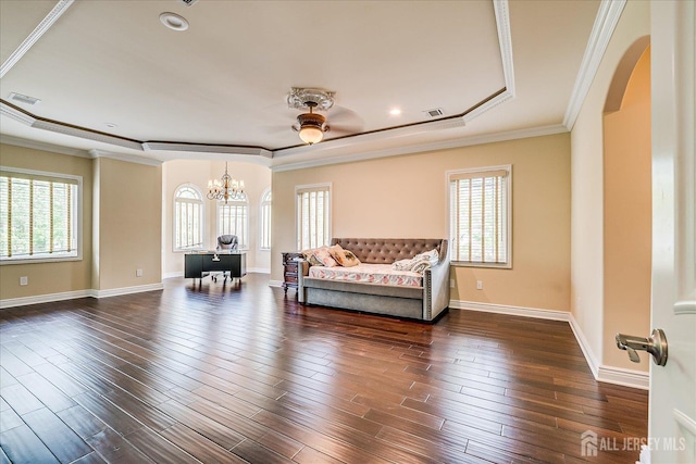 87 Ellmyer Rd, Edison, NJ 08820 - living area featuring arched walkways, a chandelier, healthy amount of natural light, a raised ceiling, and ornamental molding
