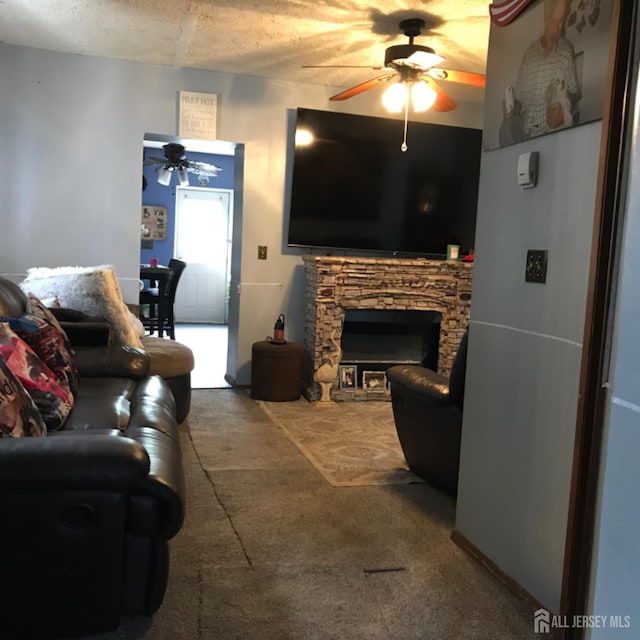 335 Alpine St, Perth Amboy, NJ 08861 - living area featuring a ceiling fan, carpet floors, and a fireplace