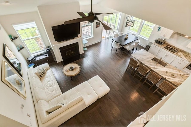 20 Metro Dr, Monroe, NJ 08831 - living area with plenty of natural light, wood finished floors, a ceiling fan, and a fireplace with flush hearth