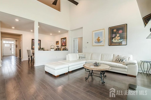 20 Metro Dr, Monroe, NJ 08831 - living area featuring ceiling fan, wood finished floors, baseboards, a high ceiling, and recessed lighting