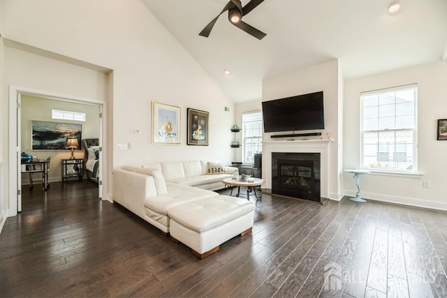 20 Metro Dr, Monroe, NJ 08831 - living area with ceiling fan, dark wood-style floors, a glass covered fireplace, high vaulted ceiling, and baseboards