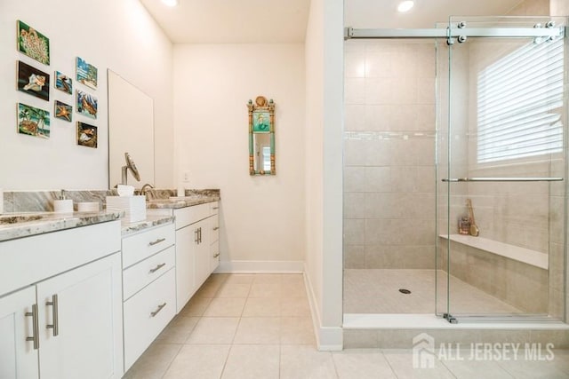 20 Metro Dr, Monroe, NJ 08831 - full bath with a stall shower, vanity, tile patterned floors, baseboards, and recessed lighting