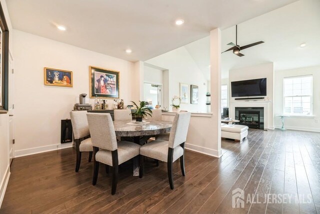 20 Metro Dr, Monroe, NJ 08831 - dining space with dark wood-style flooring, baseboards, a ceiling fan, lofted ceiling, and recessed lighting