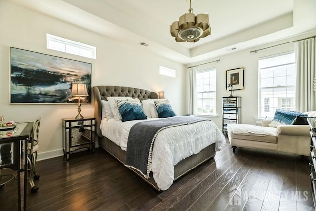 20 Metro Dr, Monroe, NJ 08831 - bedroom featuring a raised ceiling, dark wood-style flooring, baseboards, and a chandelier
