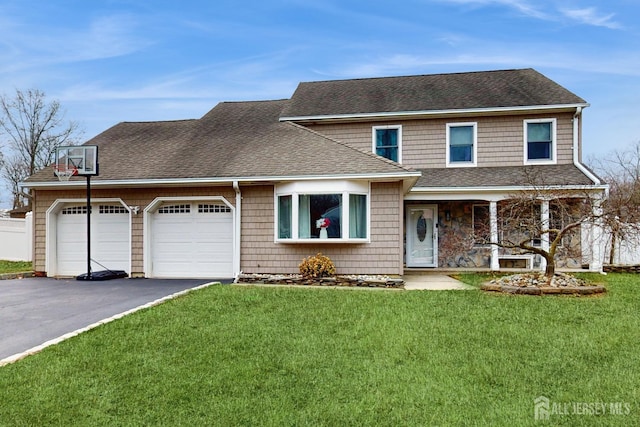 traditional home featuring a garage, a shingled roof, aphalt driveway, and a front yard