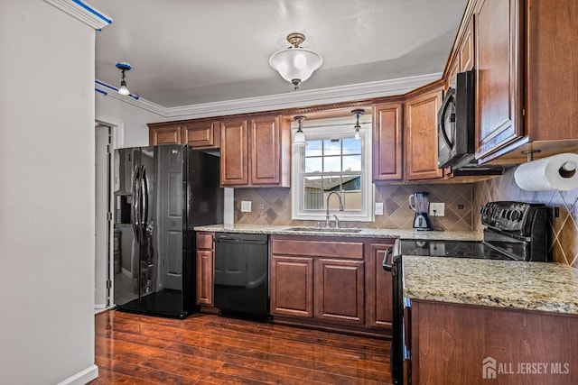 93 Ember Ln, Willingboro, NJ 08046 - kitchen featuring black appliances, a sink, dark wood-style flooring, ornamental molding, and backsplash