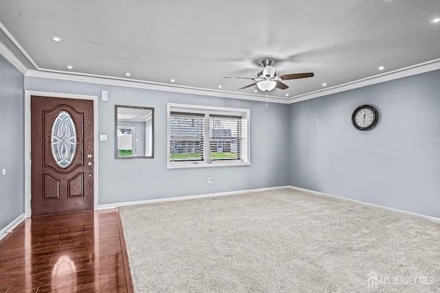 93 Ember Ln, Willingboro, NJ 08046 - entryway with ornamental molding, recessed lighting, a ceiling fan, baseboards, and wood finished floors