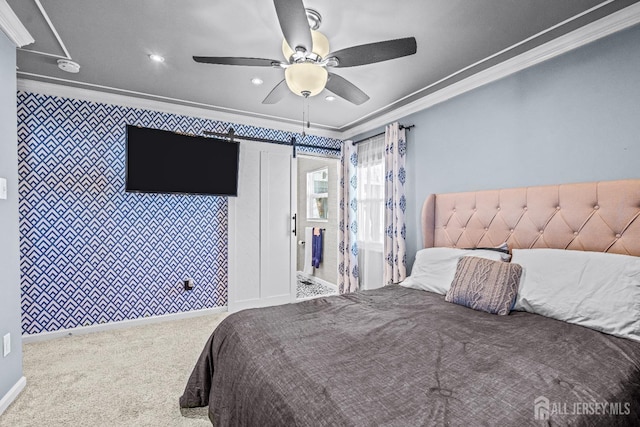 93 Ember Ln, Willingboro, NJ 08046 - carpeted bedroom with ornamental molding, baseboards, recessed lighting, a ceiling fan, and wallpapered walls