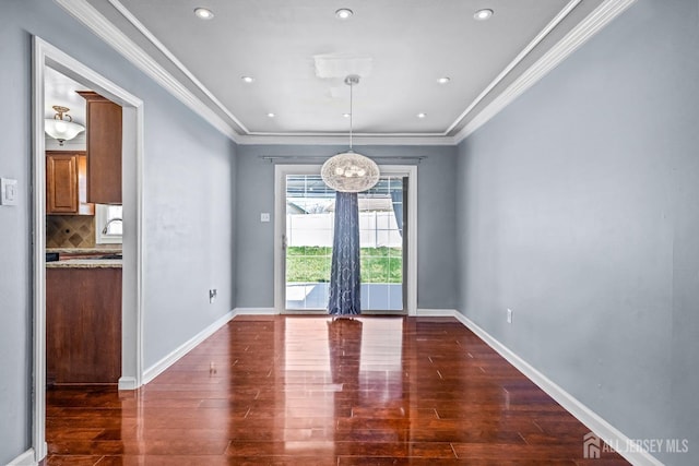 93 Ember Ln, Willingboro, NJ 08046 - unfurnished dining area featuring dark wood finished floors, a chandelier, ornamental molding, baseboards, and recessed lighting