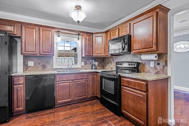 93 Ember Ln, Willingboro, NJ 08046 - kitchen featuring black appliances, a sink, dark wood-style floors, light stone counters, and crown molding
