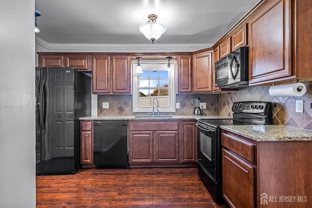 93 Ember Ln, Willingboro, NJ 08046 - kitchen with black appliances, a sink, dark wood-style floors, light stone counters, and decorative backsplash
