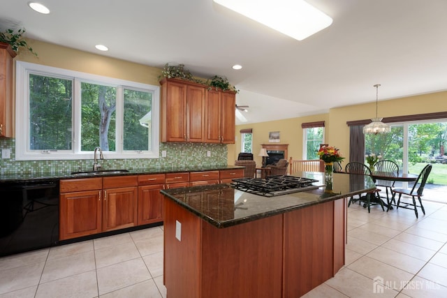 3 Wheatsheaf Ct, Plainsboro, NJ 08536 - kitchen with black dishwasher, gas stovetop, brown cabinets, decorative backsplash, and vaulted ceiling