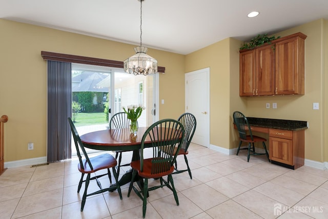 3 Wheatsheaf Ct, Plainsboro, NJ 08536 - dining room with a chandelier, built in desk, light tile patterned floors, and recessed lighting