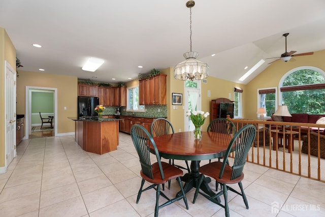 3 Wheatsheaf Ct, Plainsboro, NJ 08536 - dining room featuring light tile patterned flooring, recessed lighting, ceiling fan, a chandelier, and vaulted ceiling