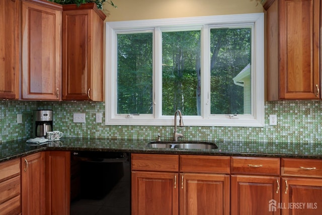 3 Wheatsheaf Ct, Plainsboro, NJ 08536 - kitchen with black dishwasher, brown cabinets, decorative backsplash, and dark stone countertops