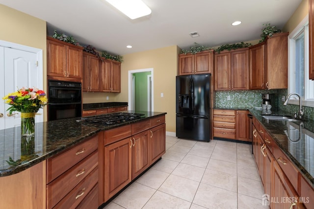 3 Wheatsheaf Ct, Plainsboro, NJ 08536 - kitchen with black appliances, light tile patterned floors, brown cabinets, tasteful backsplash, and recessed lighting