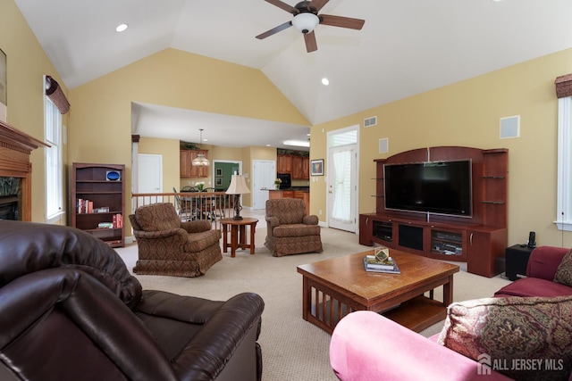 3 Wheatsheaf Ct, Plainsboro, NJ 08536 - living room with a ceiling fan, light colored carpet, lofted ceiling, and recessed lighting