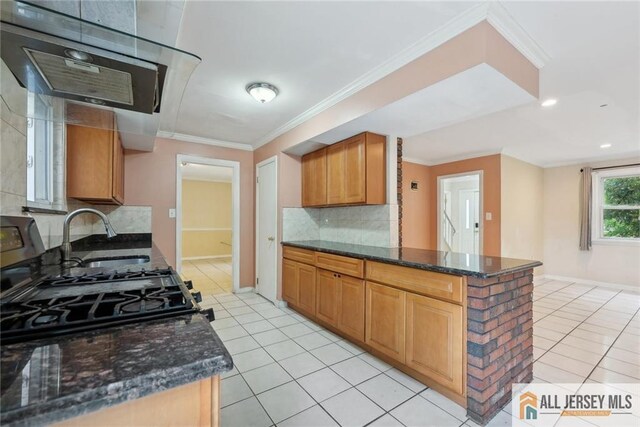 kitchen featuring decorative backsplash, light tile patterned flooring, sink, and dark stone counters