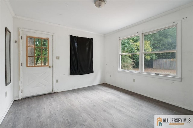 unfurnished room with ornamental molding and wood finished floors