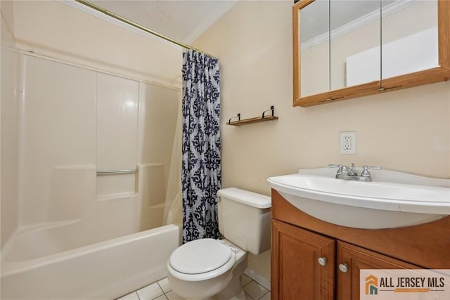 bathroom with shower / bath combo, vanity, toilet, and tile patterned floors