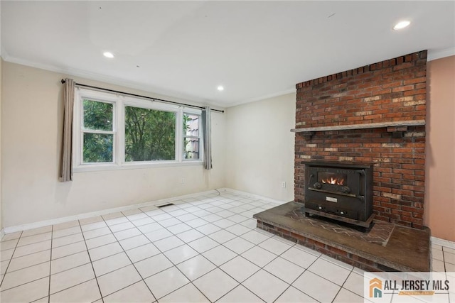 unfurnished living room featuring recessed lighting, crown molding, baseboards, and light tile patterned floors