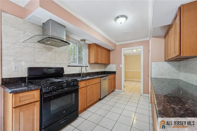 kitchen featuring black range with gas cooktop, dishwasher, crown molding, wall chimney range hood, and a sink