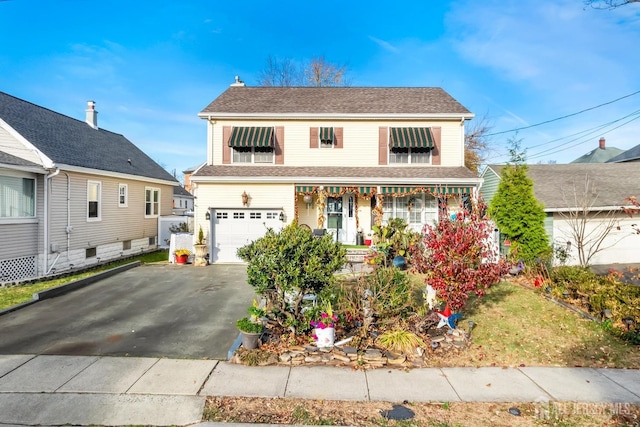 view of property featuring a garage and a porch