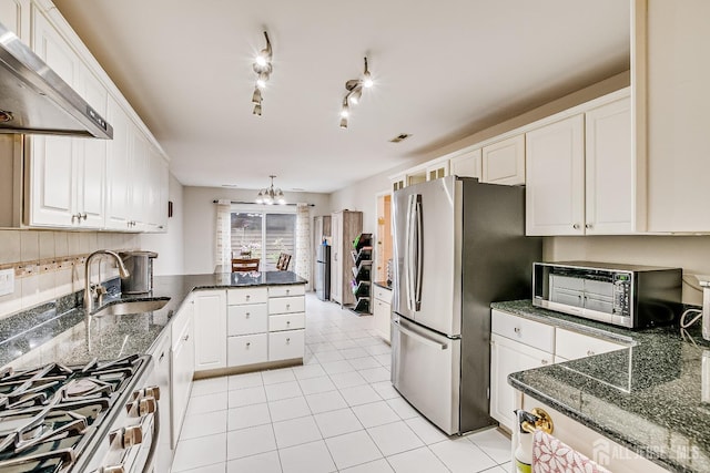 142 Maplewood Ct, Edison, NJ 08820 - kitchen featuring a sink, stainless steel appliances, ventilation hood, light tile patterned flooring, and white cabinets