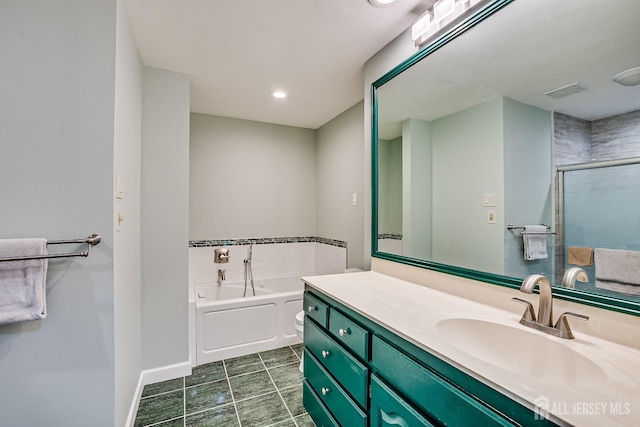 142 Maplewood Ct, Edison, NJ 08820 - bathroom with a garden tub, vanity, a stall shower, recessed lighting, and baseboards