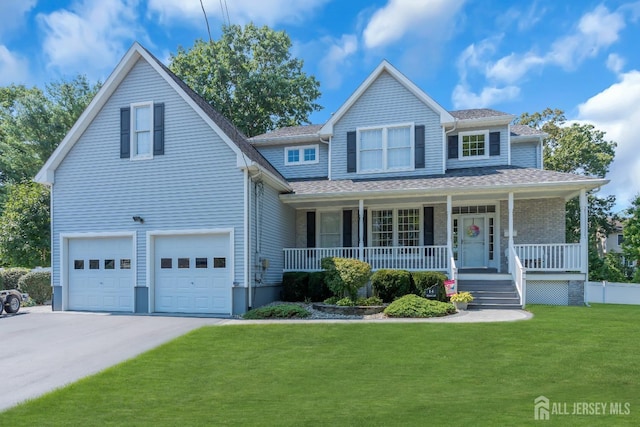 view of front of house featuring a porch, a front lawn, and a garage