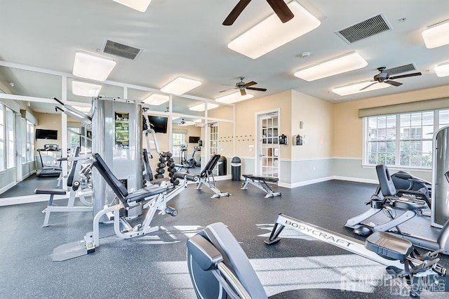 exercise room with ceiling fan