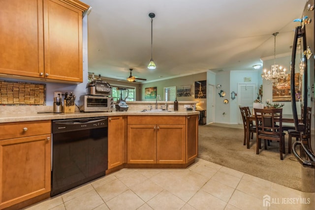 326 Sloan Ct, Matawan, NJ 07747 - kitchen with dishwasher, a peninsula, light colored carpet, a chandelier, and crown molding