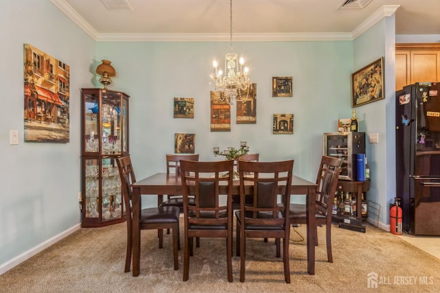326 Sloan Ct, Matawan, NJ 07747 - dining space with light carpet, a chandelier, and ornamental molding