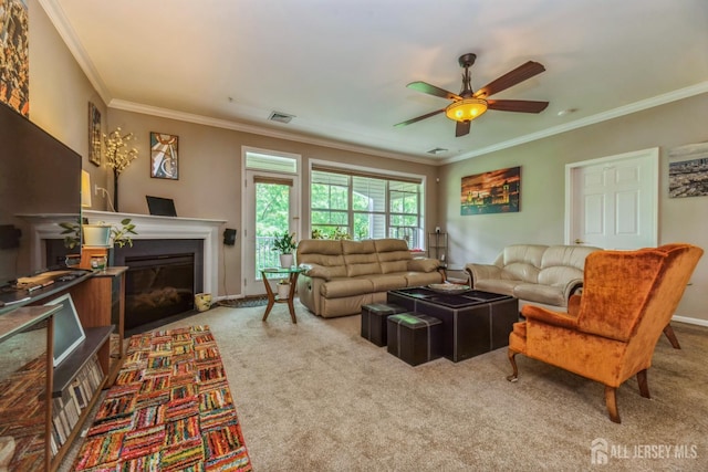 326 Sloan Ct, Matawan, NJ 07747 - living area with carpet flooring, ornamental molding, a glass covered fireplace, and a ceiling fan