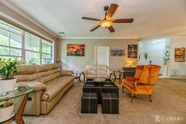 326 Sloan Ct, Matawan, NJ 07747 - carpeted living room with crown molding and a ceiling fan