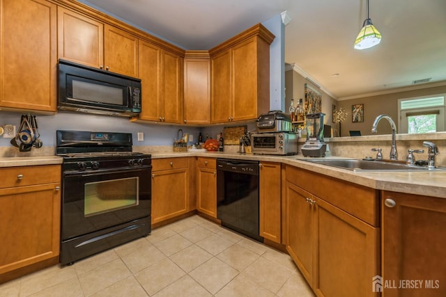 326 Sloan Ct, Matawan, NJ 07747 - kitchen featuring black appliances, brown cabinetry, light countertops, light tile patterned flooring, and ornamental molding