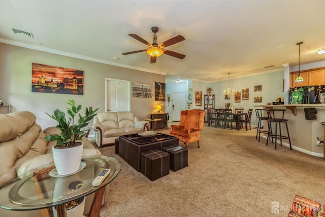 326 Sloan Ct, Matawan, NJ 07747 - carpeted living area featuring a ceiling fan and ornamental molding