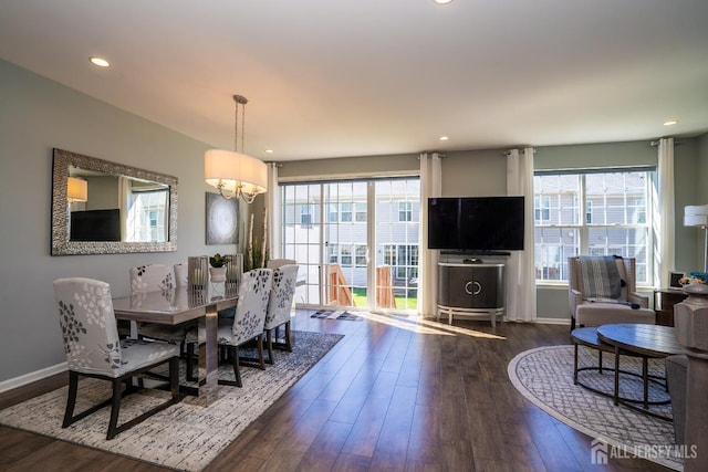 4 Woodrose Ln, Monroe, NJ 08831 - dining space with baseboards, an inviting chandelier, wood finished floors, and recessed lighting