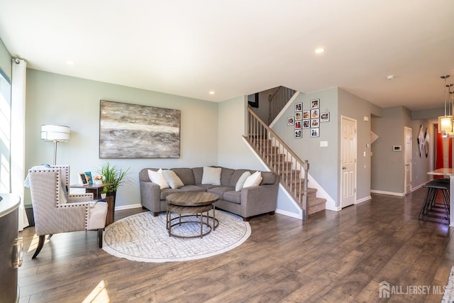 4 Woodrose Ln, Monroe, NJ 08831 - living area featuring baseboards, wood finished floors, stairs, and recessed lighting