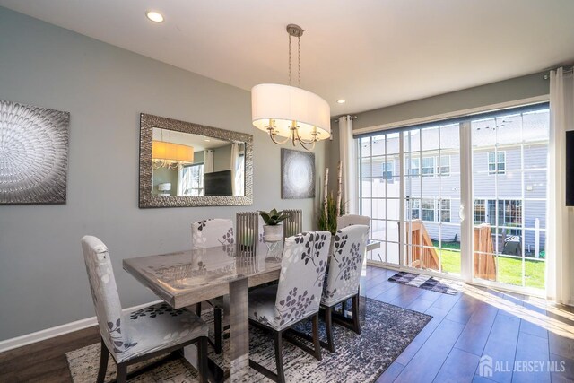 4 Woodrose Ln, Monroe, NJ 08831 - dining space with recessed lighting, wood finished floors, baseboards, and a notable chandelier