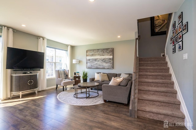 4 Woodrose Ln, Monroe, NJ 08831 - living room featuring recessed lighting, baseboards, stairs, and dark wood-style flooring