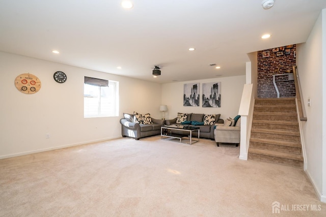 4 Woodrose Ln, Monroe, NJ 08831 - living room featuring light colored carpet, baseboards, stairway, and recessed lighting