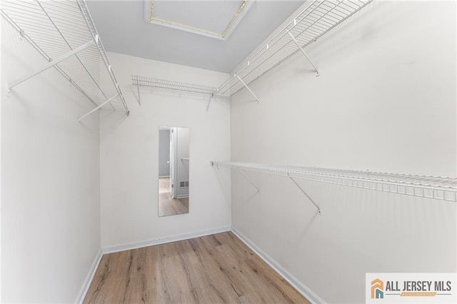 spacious closet featuring attic access and wood finished floors