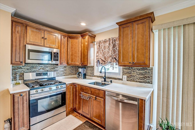 6 Dundar Rd, Edison, NJ 08817 - kitchen featuring stainless steel appliances, light countertops, backsplash, ornamental molding, and brown cabinets