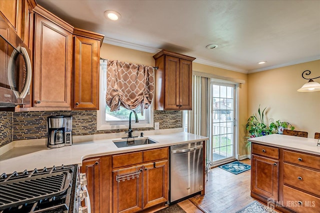 6 Dundar Rd, Edison, NJ 08817 - kitchen featuring stainless steel appliances, light countertops, backsplash, brown cabinetry, and ornamental molding
