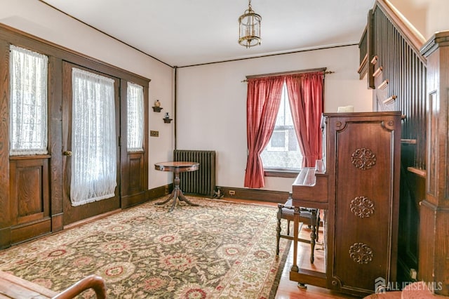foyer entrance with plenty of natural light, baseboards, radiator, and wood finished floors