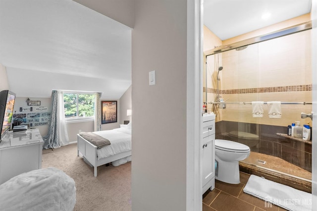 1058 Schmidt Ln, North Brunswick, NJ 08902 - ensuite bathroom with a stall shower, toilet, and lofted ceiling