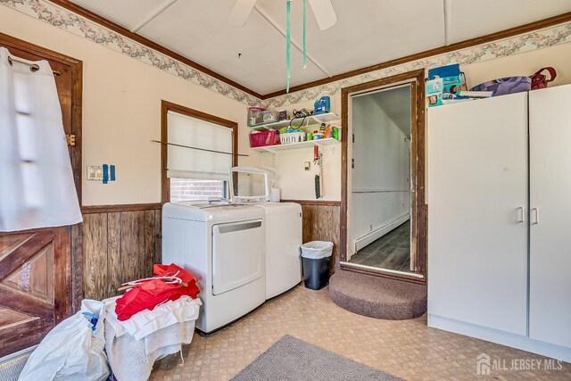 80 Gates Rd, Franklin Twsp, NJ 08873 - laundry area featuring washing machine and clothes dryer, ceiling fan, wooden walls, laundry area, and wainscoting