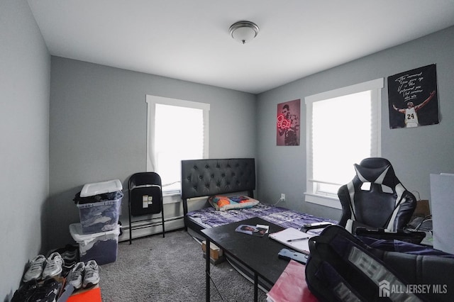 office area featuring carpet floors and a baseboard radiator